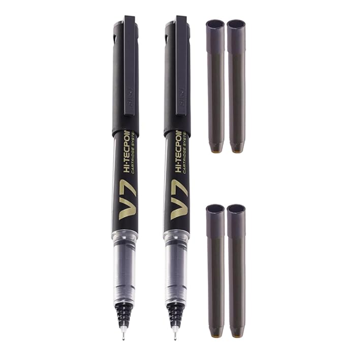 Pilot V7 Hi-Tecpoint Roller Gell Pen with Cartridge System - 2 Black Pens, 4 Black Cartridges