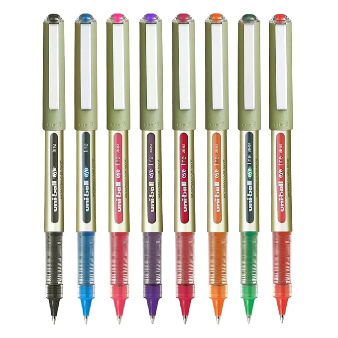 uni-ball Eye UB157 0.7mm Roller Gell Pen Set | Waterproof And Lightweight Barrel With Sleek Body | Ideal for writing, Journaling, Note-taking, Underlining, Sketching | Multicolour Ink, Pack of 8