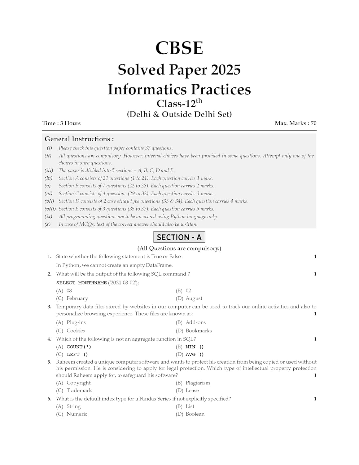 Oswaal CBSE Question Bank Chapterwise and Topicwise SOLVED PAPERS Class 12 Informatics Practices For Exam 2026