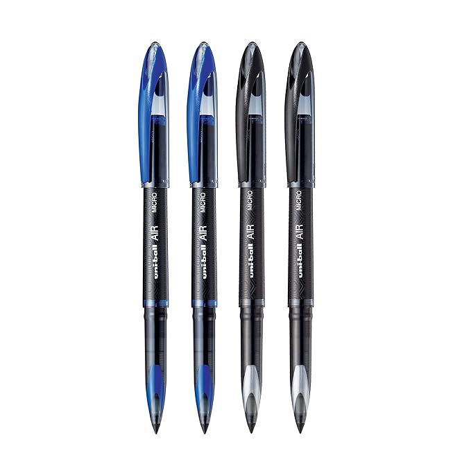 UNI-BALL Air UBA188M 0.5mm Roller Gell Pen | Waterproof Bold Ink | Water & Fade Resistant | Long Lasting Smudge Free Ink | School and Office stationery | Blue & Black Ink, Pack of 4