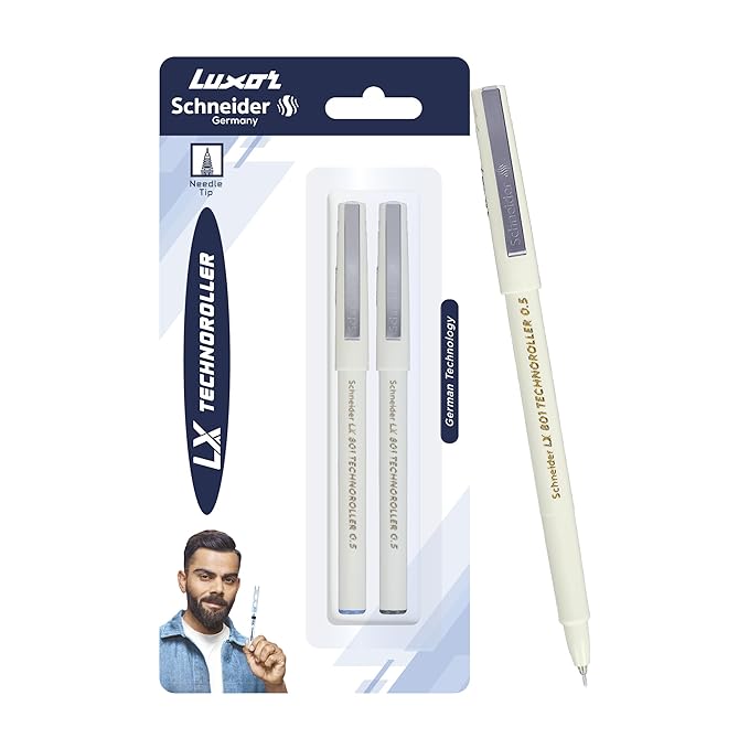 Luxor Schneider LX 801 Technoroller | Roller Gell Pen|Pack of 2 -(Blue + Black)|Needle Tip|0.5mm|100% German Technology|Consistent Ink Flow|Smooth Writing Experience|Ideal for Students & Professionals