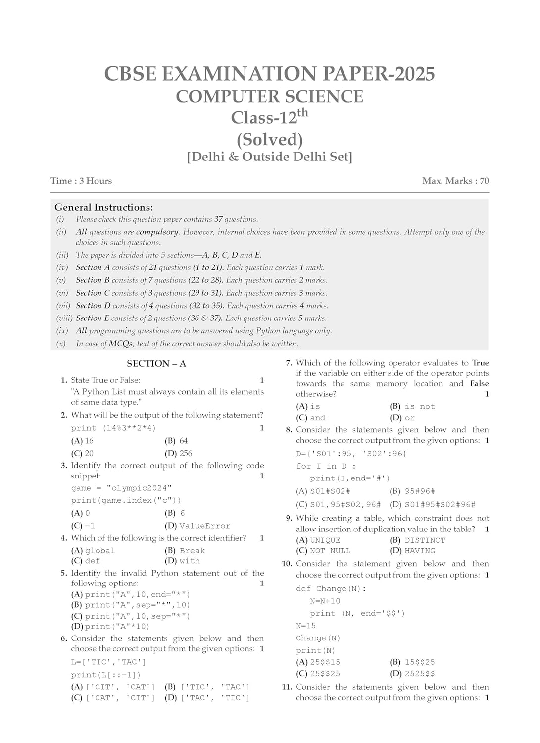Oswaal CBSE Question Bank Chapterwise and Topicwise SOLVED PAPERS Class 12 Computer Science For Exam 2026