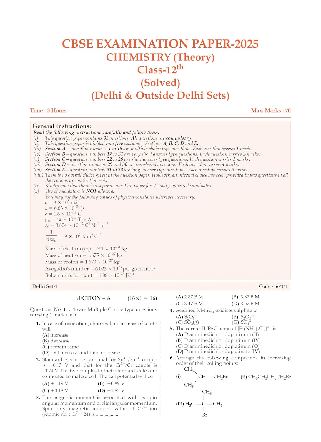 Oswaal CBSE Question Bank Chapterwise and Topicwise SOLVED PAPERS Class 12 Chemistry For Exam 2026