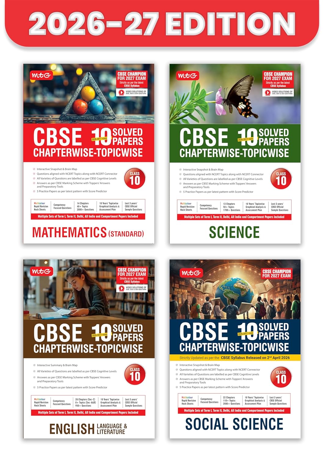 MTG CBSE Class 10 PYQs Book | 10 Years (2026-2017) Chapterwise Topicwise Solved Papers Mathematics, Science, English & Social-Science (Set of 4 Books) ... | CBSE Sample Paper (As Per Latest Pattern)