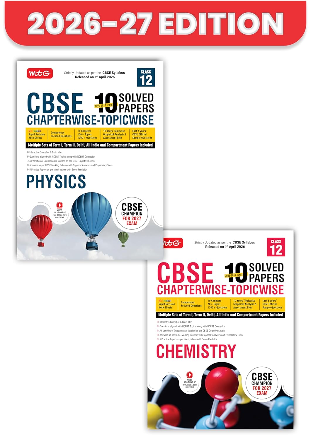 MTG CBSE Class 12 PYQs Book | 10 Years (2026-2017) Chapterwise Topicwise Solved Papers Class 12 Physics, Chemistry (Set of 2) - CBSE Champion For 2027 ... | CBSE Sample Papers (As Per Latest Pattern)
