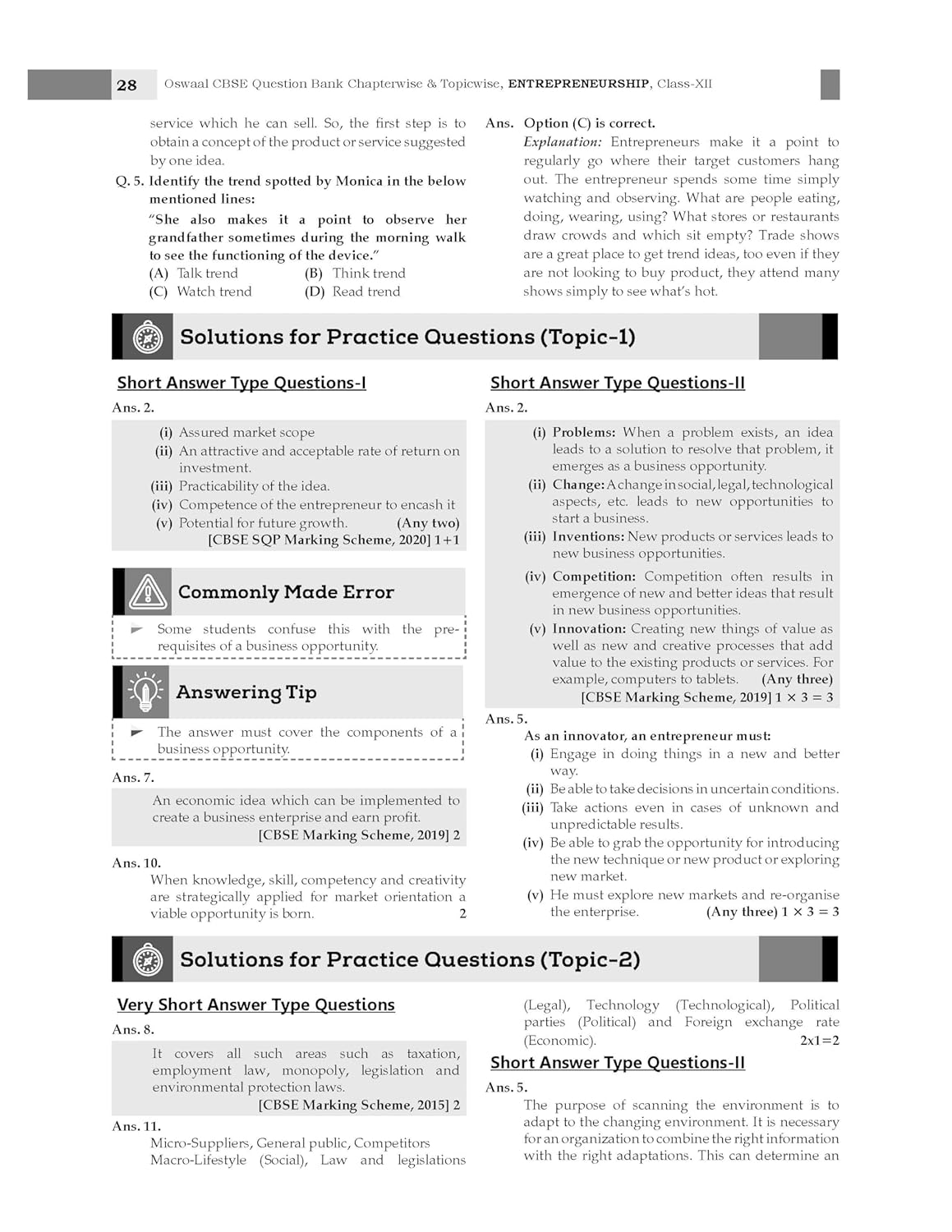 Oswaal CBSE Question Bank Chapterwise and Topicwise SOLVED PAPERS Class 12 Entrepreneurship For Exam 2026