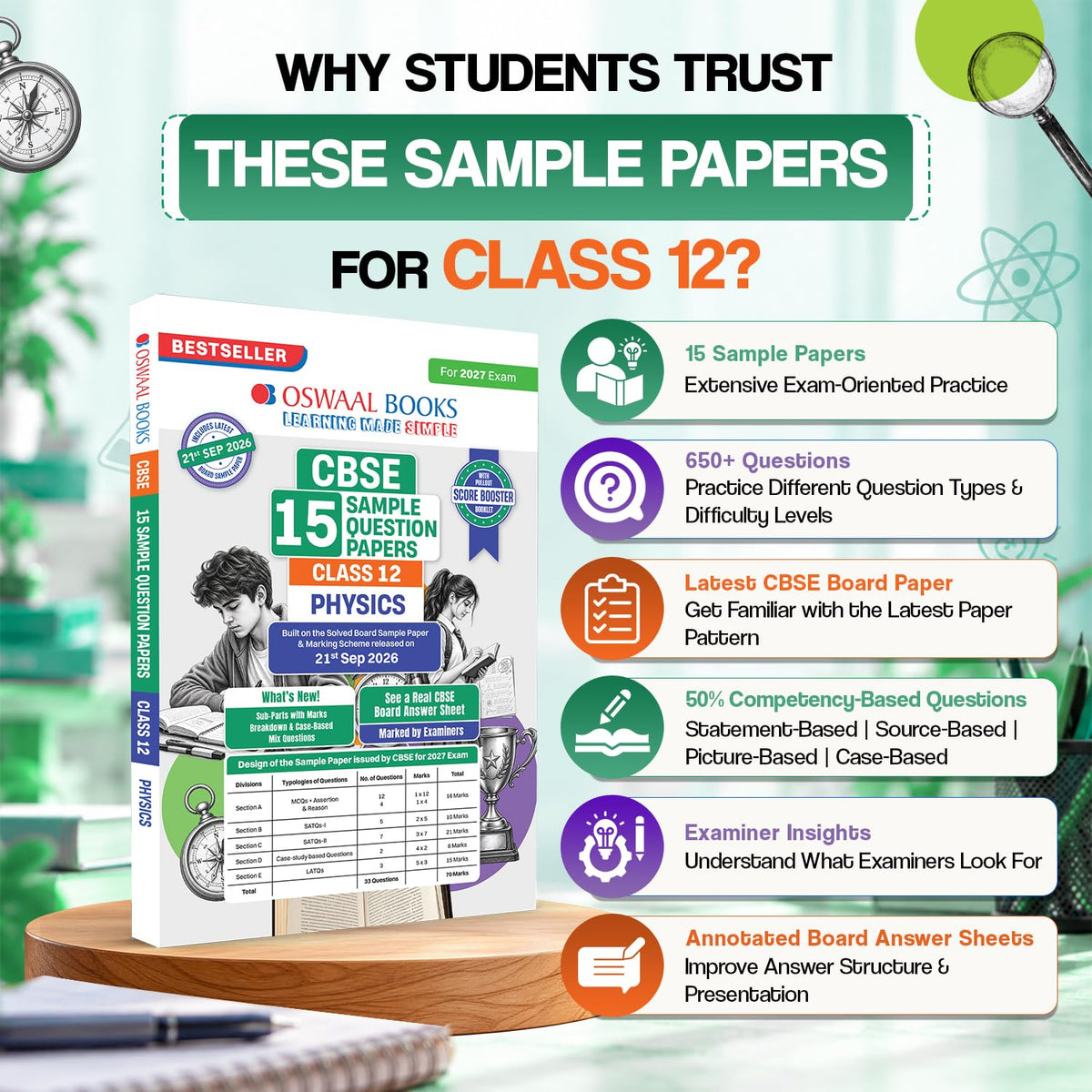 Oswaal CBSE 15 Sample Question Papers Class 12 Board Exam Physics 2026-27 based on latest CBSE SQP dated (21 Sep 2026) | New Questions Typologies With Oswaal AI