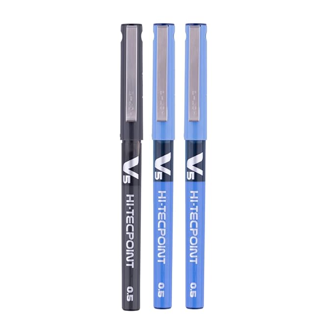 Pilot Hi-Tecpoint V5 0.5mm Extra Fine Point Pure Liquid Ink Roller Ball Pen | Pack Of 3 (2 Blue + 1 Black)