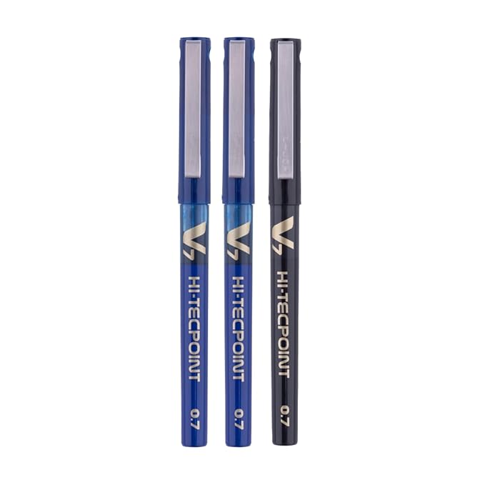 Pilot Hi-Tecpoint V7 0.7mm Fine Point Pure Liquid Ink Roller Ball Pen | Pack Of 3 (2 Blue + 1 Black)