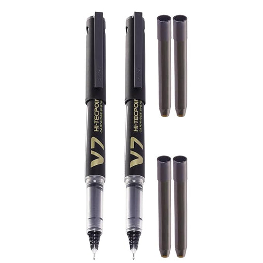 Pilot V7 Hi-Tecpoint Roller Ball Pen with Cartridge System - 2 Black Pens, 4 Black Cartridges