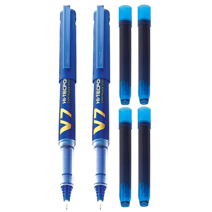 Pilot V7 Hi-tecpoint Roller ball pen with Cartridge System - 2 Blue Pens, 4 cartridges