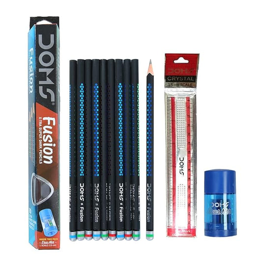 Doms Fusion Xtra Super Dark Pencil Box Pack | Dark & Neat Writing Which Stays Longer | Smooth Sharpning & With Soft & Comfortable Grip | Free Scale & Eraser Inside | Pack of 10 Pencils