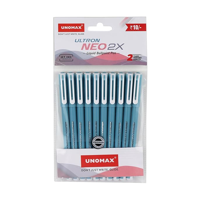 UNOMAX Ultron Neo 2x Ball Pen Pack of 10 (Blue) | Elevate Your Writing Experience with Jet-Like Smoothness | 0.7mm Tip Size for Superior Precision | Matt Finish Body for a Touch of Elegance