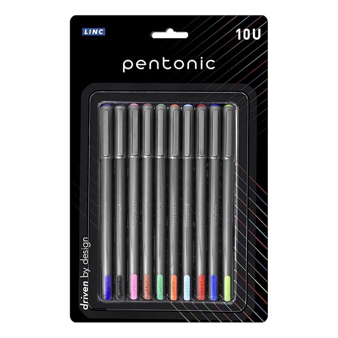 Pentonic Ball Pen Blister Pack | Grey Body | Pink,Green,Orange,Brown,Lime Green,Purple,Turquoise Blue,Blue,Grey,Red Ink | Set of 10 Pens