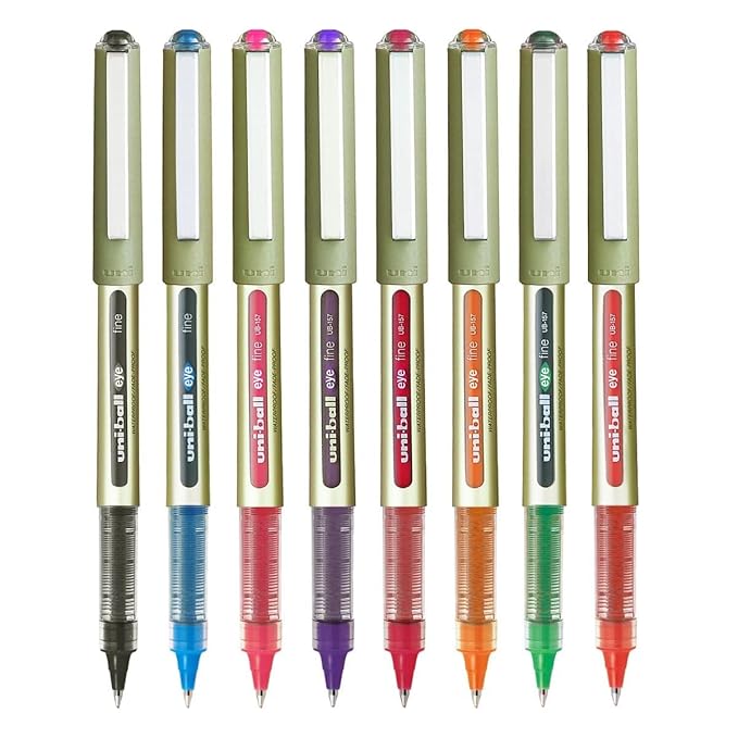 uni-ball Eye UB157 0.7mm Roller Ball Pen Set | Waterproof And Lightweight Barrel With Sleek Body | Ideal for writing, Journaling, Note-taking, Underlining, Sketching | Multicolour Ink, Pack of 8