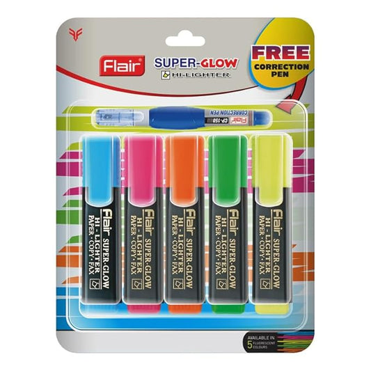 FLAIR 5 Shades Super Glow Highlighter Blister Pack | Ergonomic Grip with Pocket Clip for Comfortable Handling | Non-Toxic Ink & Safe for Childrens | Pack of 1