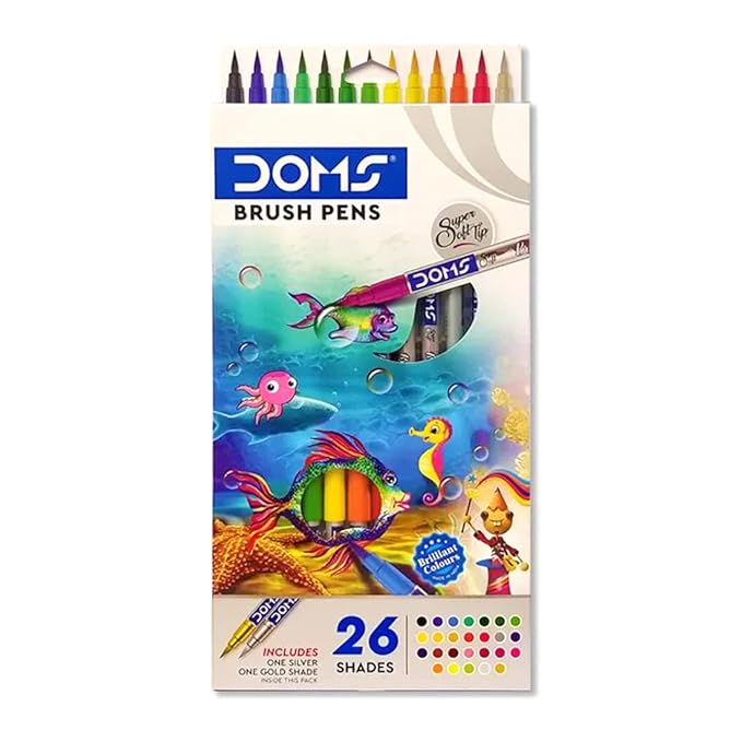 DOMS Non-Toxic Multicolor 26 Shades Brush Pens Set | Super Soft Fine Tip Brush Pens | Diverse 26 Shades | Water Based Ink | Includes Gold & Silver Shades | Pack of 1