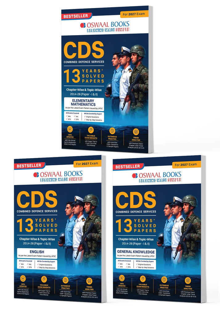 Oswaal CDS Combined Defence Services – 13 Years' Chapterwise & Topicwise Solved Paper (2014–2026 I & II) | Mathematics, English & General Knowledge (Set of 3 Books) | For 2027 Exam | with Oswaal AI