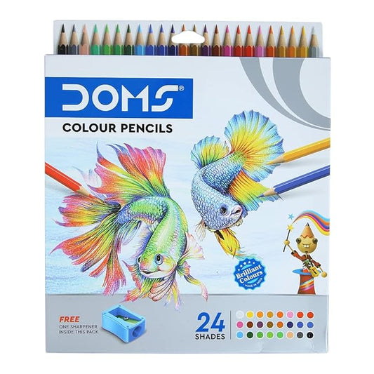 DOMS 24 Shades Color Pencils|Hexagonal Shaped Body For Comfortable Grip|Bright&Playful Colors|Free Sharpner With Each Pack|Non-Toxic&Safe For Childrens|Pack Of 1|Multicolor