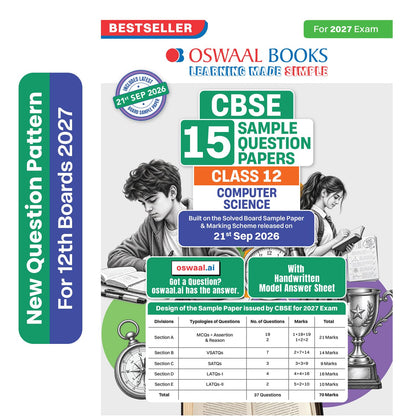 Oswaal CBSE 15 Sample Question Papers Class 12 Board Exam Computer Science 2026-27 based on latest CBSE SQP dated (21 Sep 2026) | New Questions Typologies With Oswaal AI