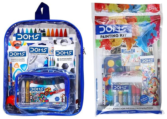 DOMS Smart Stationery Kit (12 pcs in KIT) with Transparent Zipper Bag & DOMS Painting Kit