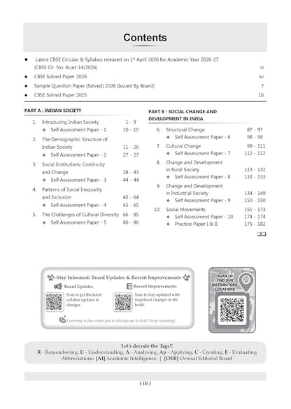 Oswaal CBSE Class 12 Sociology Question Bank | Chapter & Topic-wise Solved Papers (2017–2026) | Based on Latest Syllabus (April 2026) | Includes 2026 Papers | For 2027 Exam