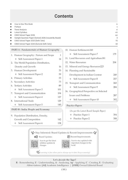 Oswaal CBSE Class 12 Geography Question Bank | Chapter & Topic-wise Solved Papers (2017–2026) | Based on Latest Syllabus (April 2026) | Includes 2026 Papers | For 2027 Exam