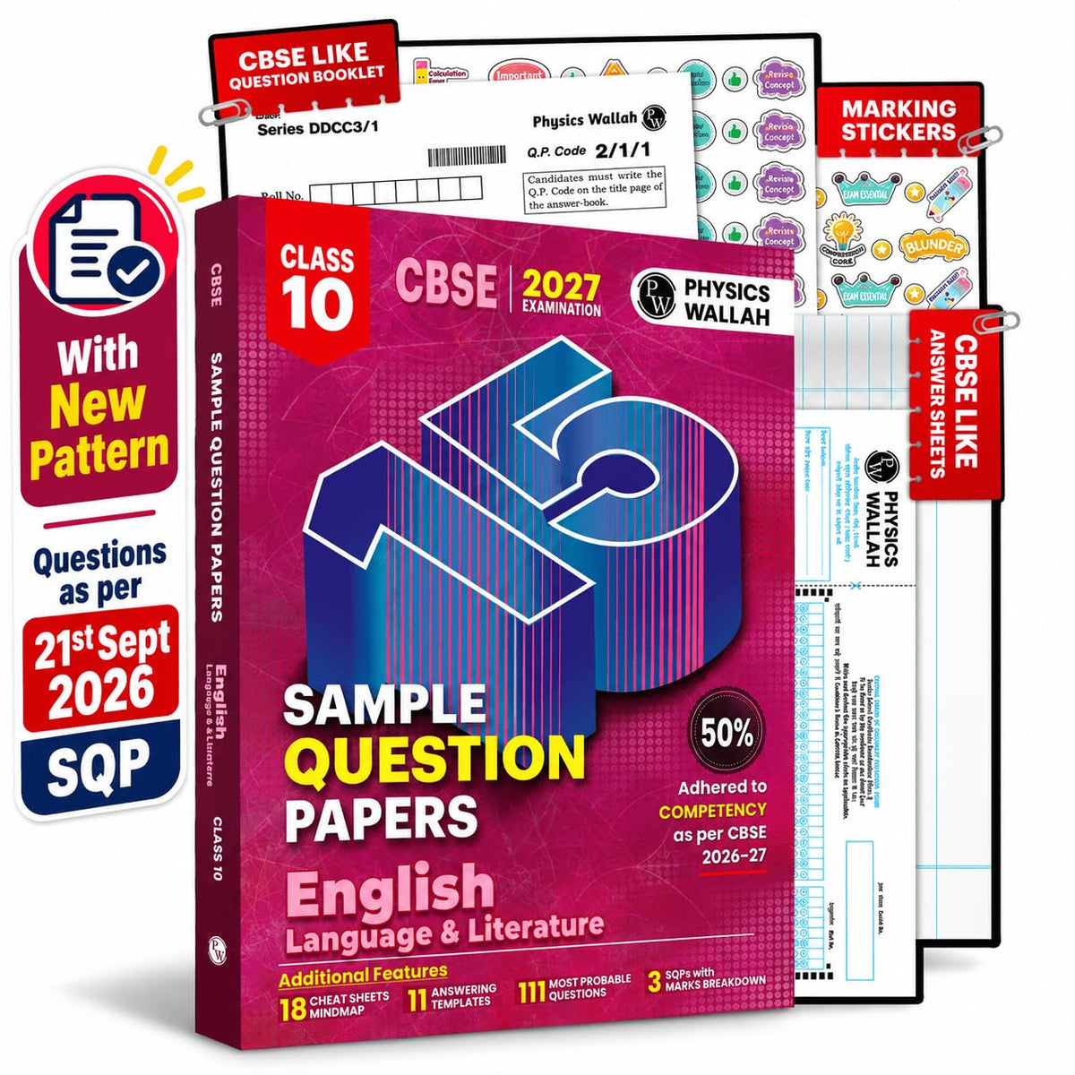 PW CBSE 15 Sample Question Papers Class 10 English Language & Literature For 2027 Board Exam (New Pattern) | CBSE Like Question Booklet and Answer Sheets, Marking Stickers