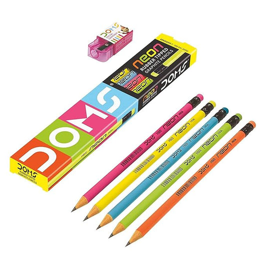 Doms Neon Wooden Pencils School Stationary Rubber Tipped Graphite for Kids, Boys & Girls Pack of 1