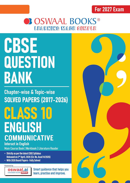 Oswaal CBSE Class 10 English Communicative Question Bank | Chapter & Topic-wise Solved Papers (2017–2026) | Based on Latest Syllabus (April 2026) | Includes 2026 Papers | For 2027 Exam