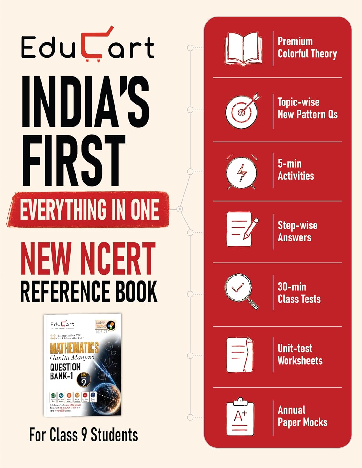 Educart CBSE Class 9 Mathematics Question Bank 2026-27 | Ganita Manjari PART-1 | New NCERT Guide and Most Important Reference Book for 2027 (with worksheets and sample papers extra)