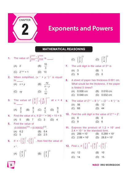 MTG International Mathematics Olympiad (IMO) Workbook Class 8 - Chapter-wise MCQs with Achievers Section - SOF Olympiad Books For 2026-27 Exam