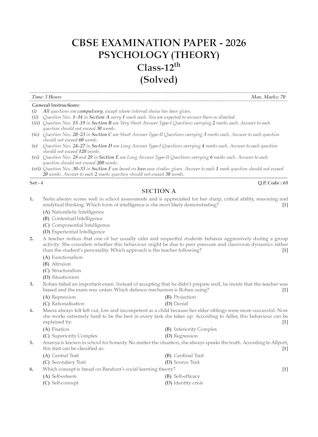 Oswaal CBSE Class 12 Psychology Question Bank | Chapter & Topic-wise Solved Papers (2017–2026) | Based on Latest Syllabus (April 2026) | Includes 2026 Papers | For 2027 Exam