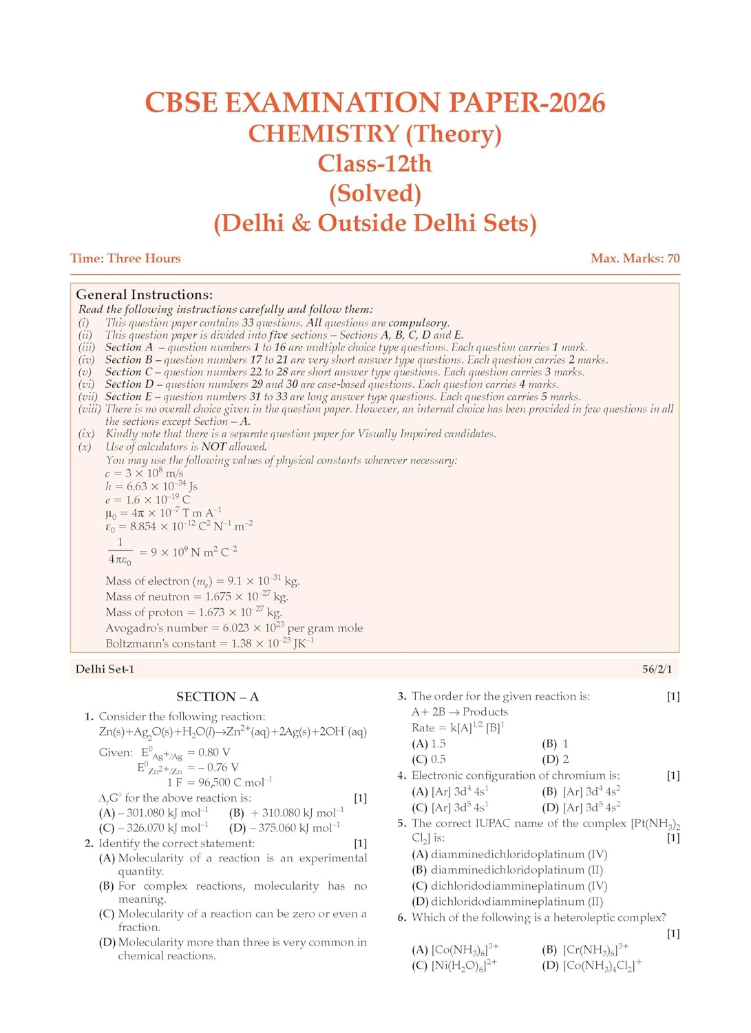 Oswaal CBSE Class 12 Chemistry Question Bank | Chapter & Topic-wise Solved Papers (2017–2026) | Based on Latest Syllabus (April 2026) | Includes 2026 Papers | For 2027 Exam