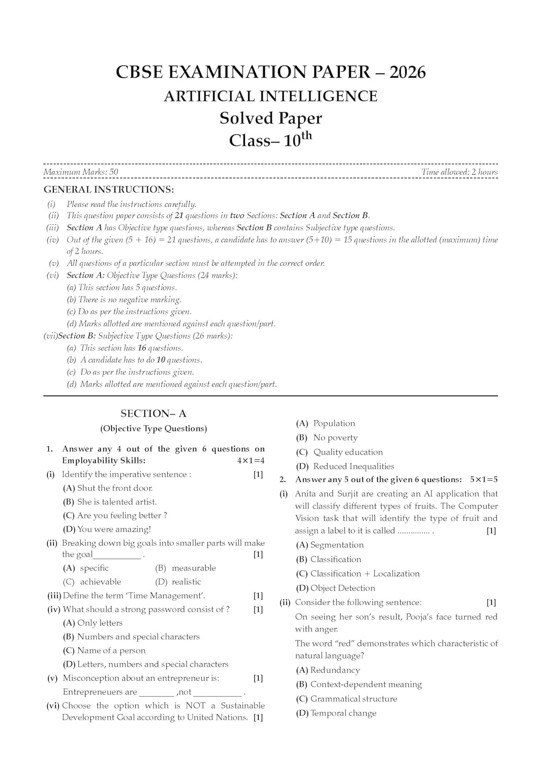 Oswaal CBSE Class 10 Artificial Intelligence Question Bank | Chapter & Topic-wise Solved Papers (2017–2026) | Based on Latest Syllabus (April 2026) | Includes 2026 Papers | For 2027 Exam