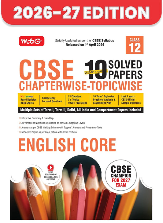 MTG CBSE Class 12 PYQs Book | 10 Years (2026-2017) Chapterwise Topicwise Solved Papers Class 12 English Core - CBSE Champion For 2027 Exam | Free ... | CBSE Sample Papers (As Per Latest Pattern)