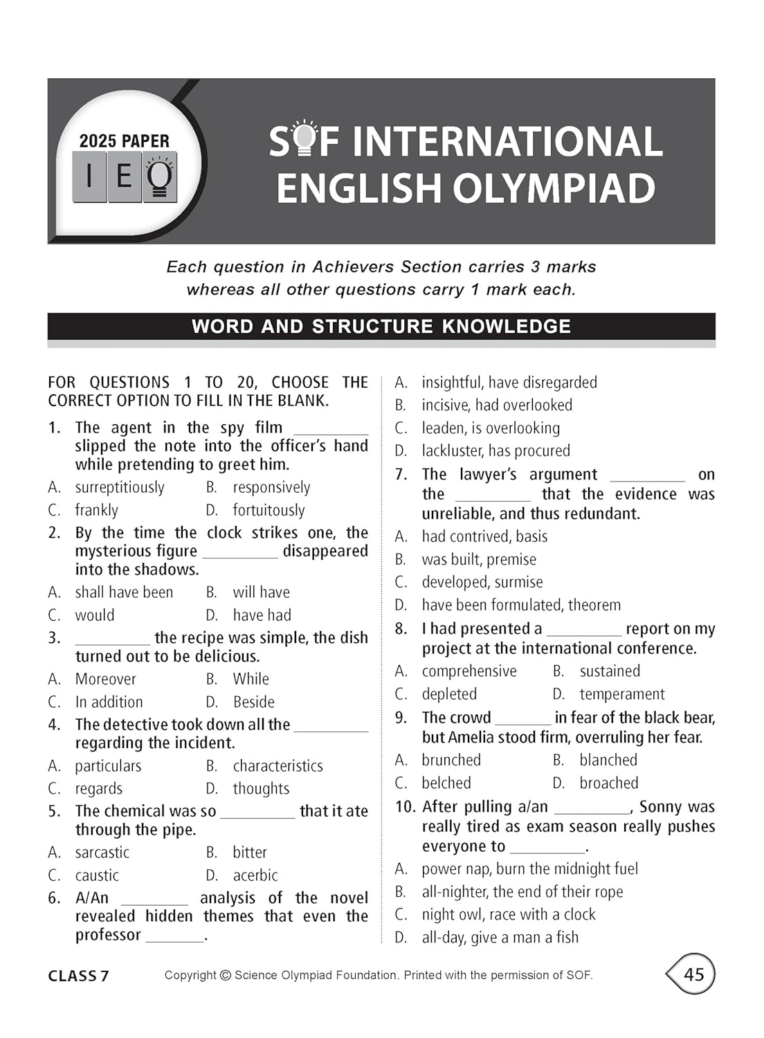 MTG International English Olympiad (IEO) Workbook Class 7 - Chapter-wise MCQs with Achievers Section - SOF Olympiad Books For 2026-27 Exam
