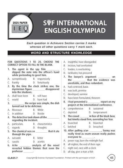 MTG International English Olympiad (IEO) Workbook Class 7 - Chapter-wise MCQs with Achievers Section - SOF Olympiad Books For 2026-27 Exam