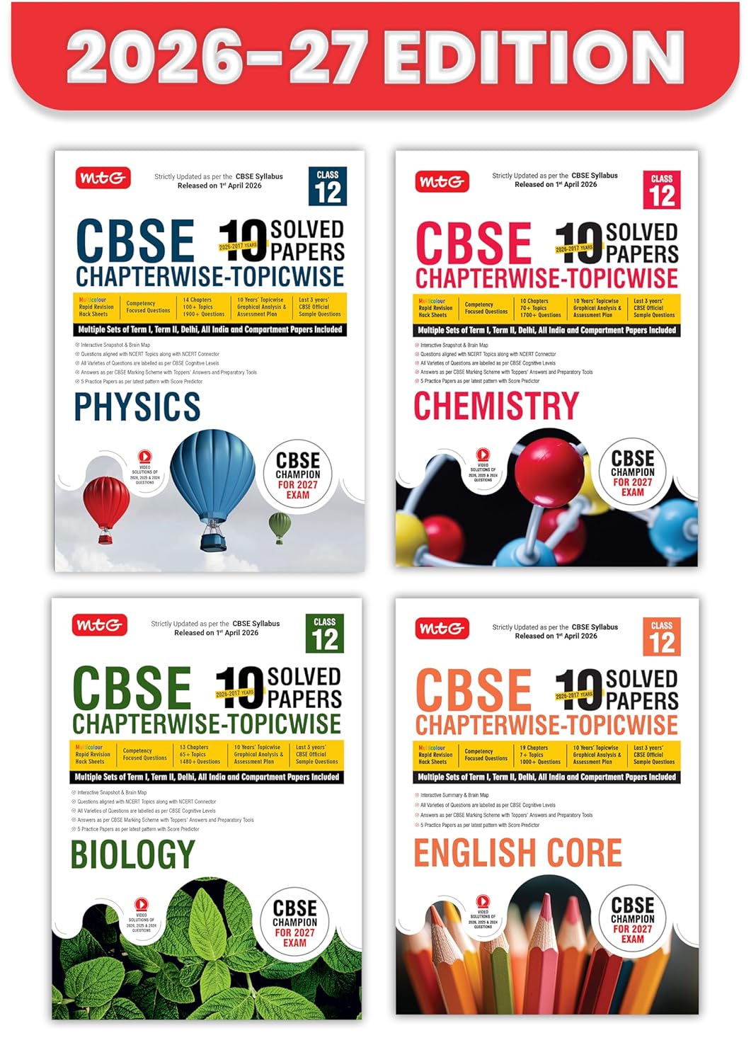 MTG CBSE Class 12 PYQs Book | 10 Years (2026-2017) Chapterwise Topicwise Solved Papers Class 12 Physics, Chemistry, Biology, English (Set of 4) - CBSE ... | CBSE Sample Papers (As Per Latest Pattern)