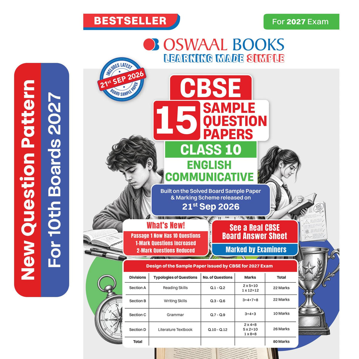Oswaal CBSE 15 Sample Question Papers Class 10 Board Exam English Communicative 2026-27 based on latest CBSE SQP dated (21 Sep 2026) | New Questions Typologies With Oswaal AI