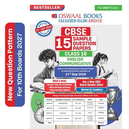 Oswaal CBSE 15 Sample Question Papers Class 10 Board Exam English Communicative 2026-27 based on latest CBSE SQP dated (21 Sep 2026) | New Questions Typologies With Oswaal AI