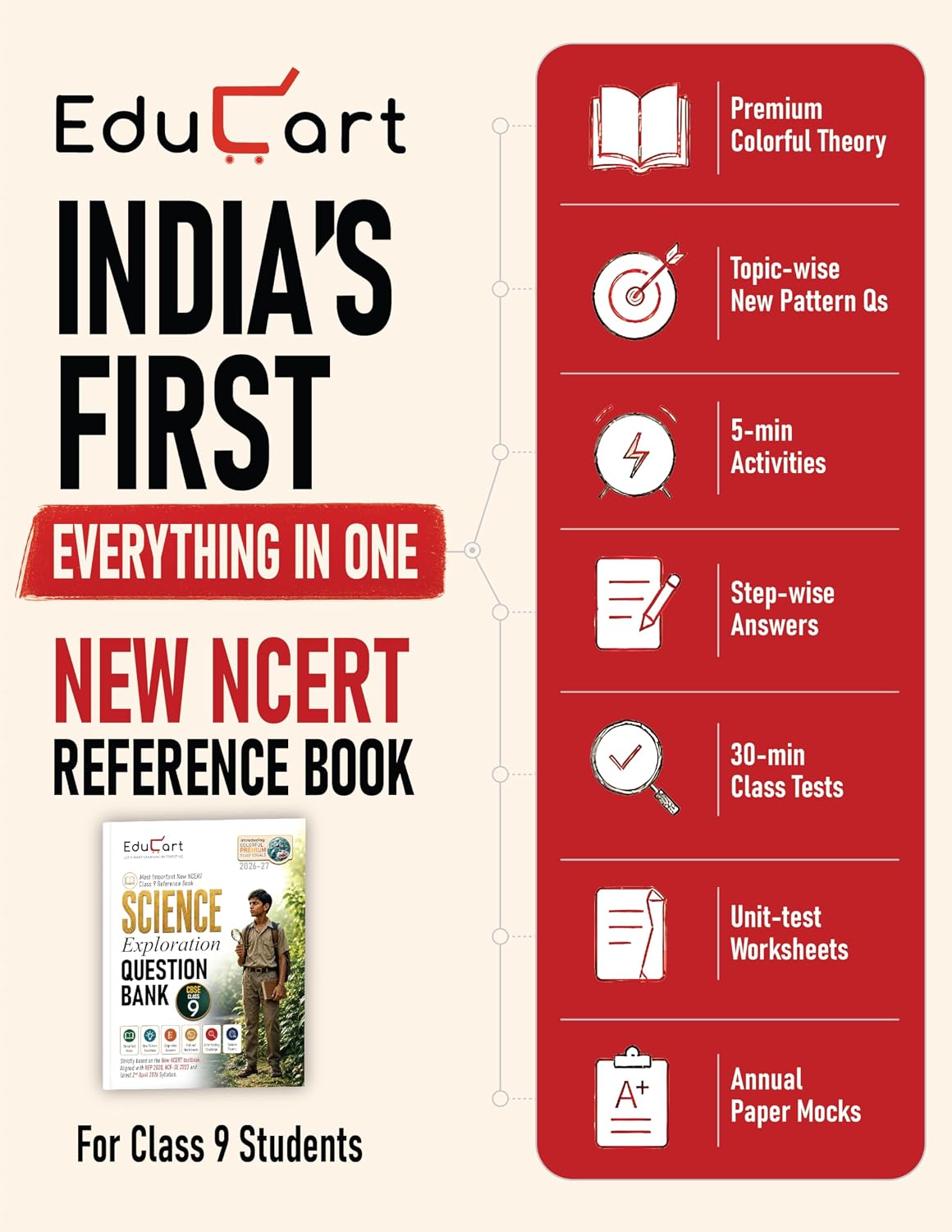 Educart CBSE Class 9 Science Exploration Question Bank 2026–27 | New NCERT Guide and Most Important Reference Book for 2027 (with worksheets and sample papers extra)