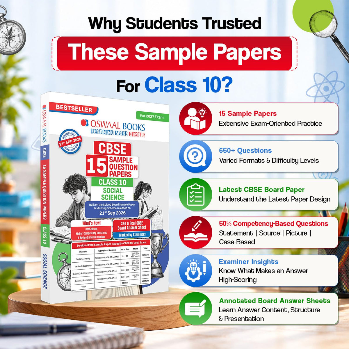 Oswaal CBSE 15 Sample Question Papers Class 10 Board Exam Social Science 2026-27 based on latest CBSE SQP dated (21 Sep 2026) | New Questions Typologies With Oswaal AI