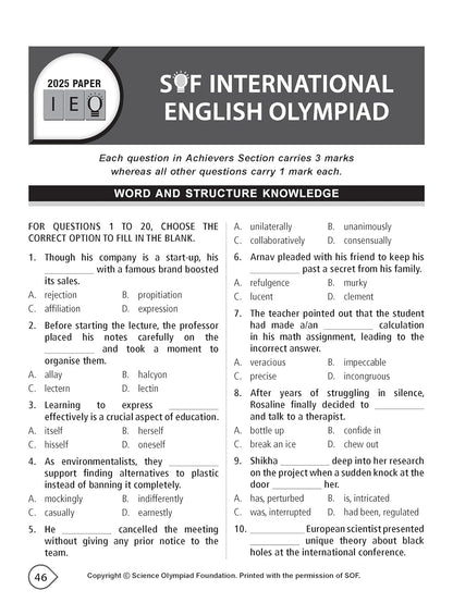 MTG International English Olympiad (IEO) Workbook Class 8 - Chapter-wise MCQs with Achievers Section - SOF Olympiad Books For 2026-27 Exam
