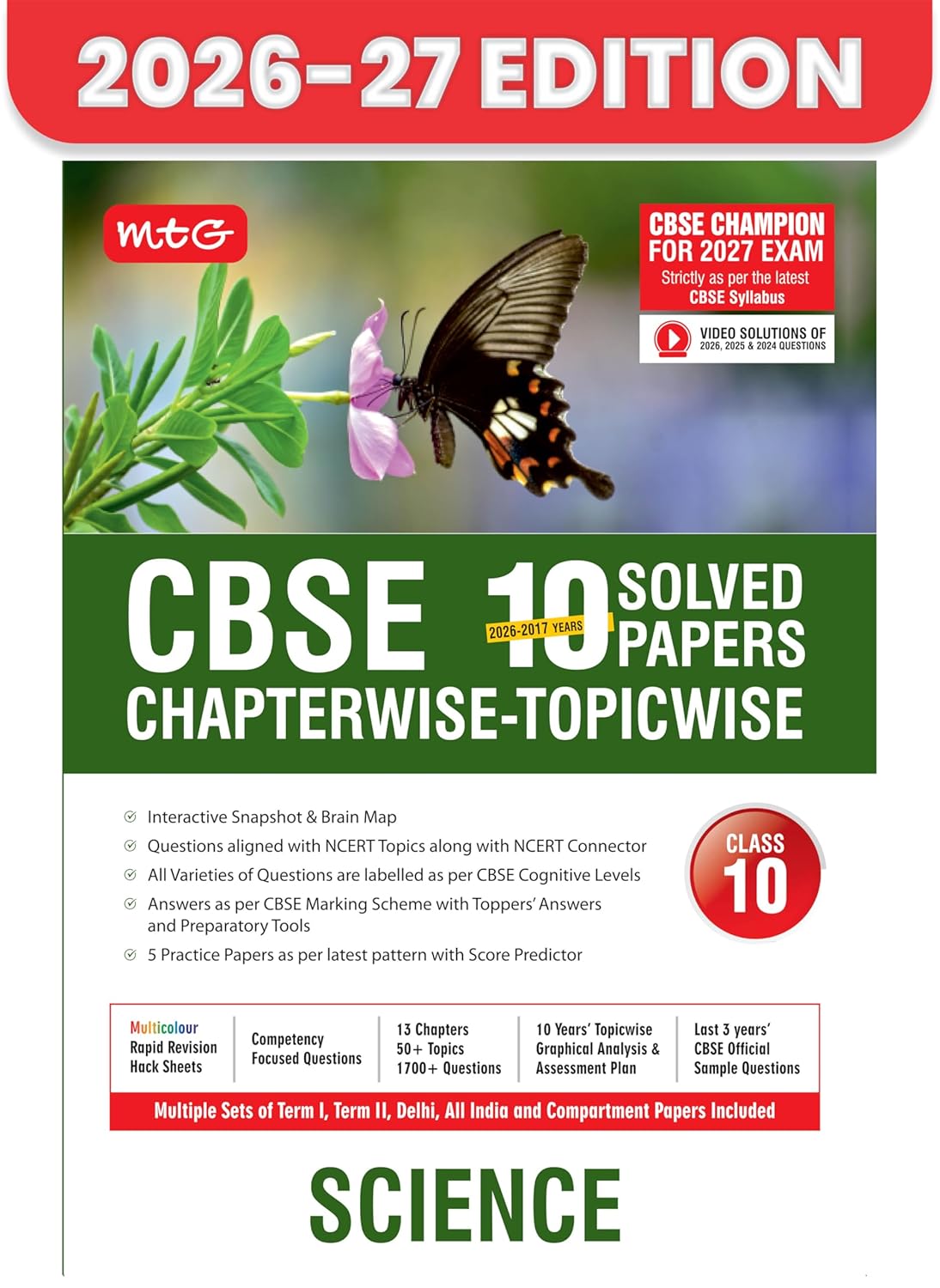 MTG CBSE Class 10 PYQs Book | 10 Years (2026-2017) Chapterwise Topicwise Solved Papers Science - CBSE Champion For 2027 Exam | Free Video Solution of PYQs | CBSE Sample Paper (As Per Latest Pattern)