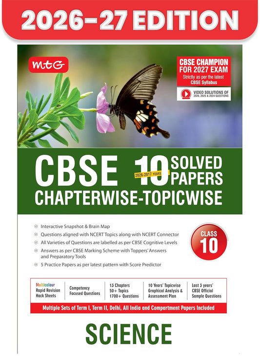 MTG CBSE Class 10 PYQs Book | 10 Years (2026-2017) Chapterwise Topicwise Solved Papers Science - CBSE Champion For 2027 Exam | Free Video Solution of PYQs | CBSE Sample Paper (As Per Latest Pattern)