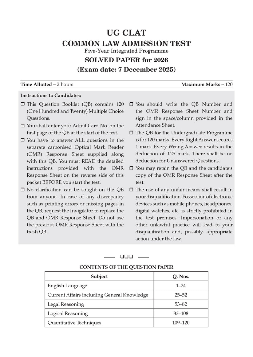 Oswaal CLAT (UG) and AILET | 7 Years' Chapter-wise and Topic-wise Solved Papers | (2020 -2026) | For 2027 Admission Test