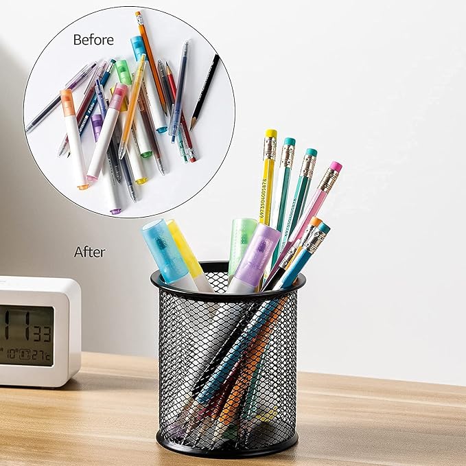 GLUN® Cylendrical Black Mesh Metal Desk Pen, Pencil and Other Stationery Organiser Holder, Use at Office, School and Home Pack of 1